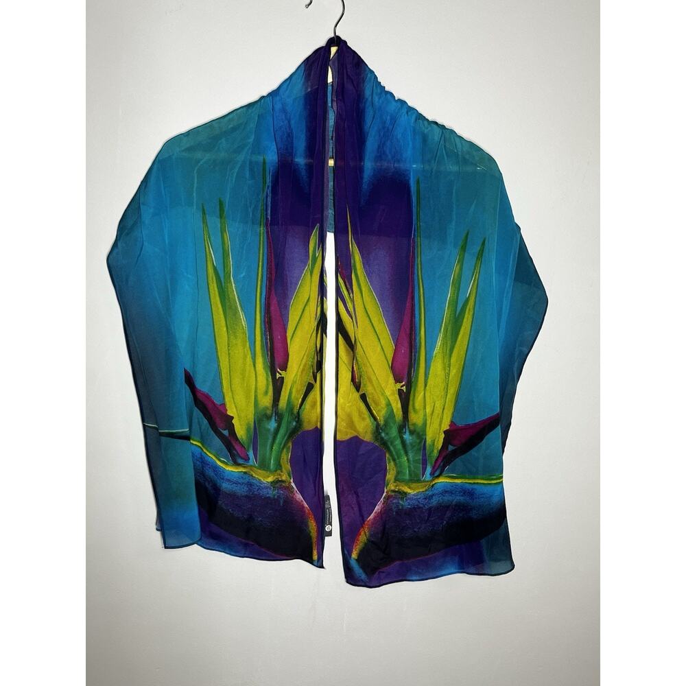 Cocoon House Handmade Silk Crepe Scarf Teal Bird of Paradise Abstract Floral Art